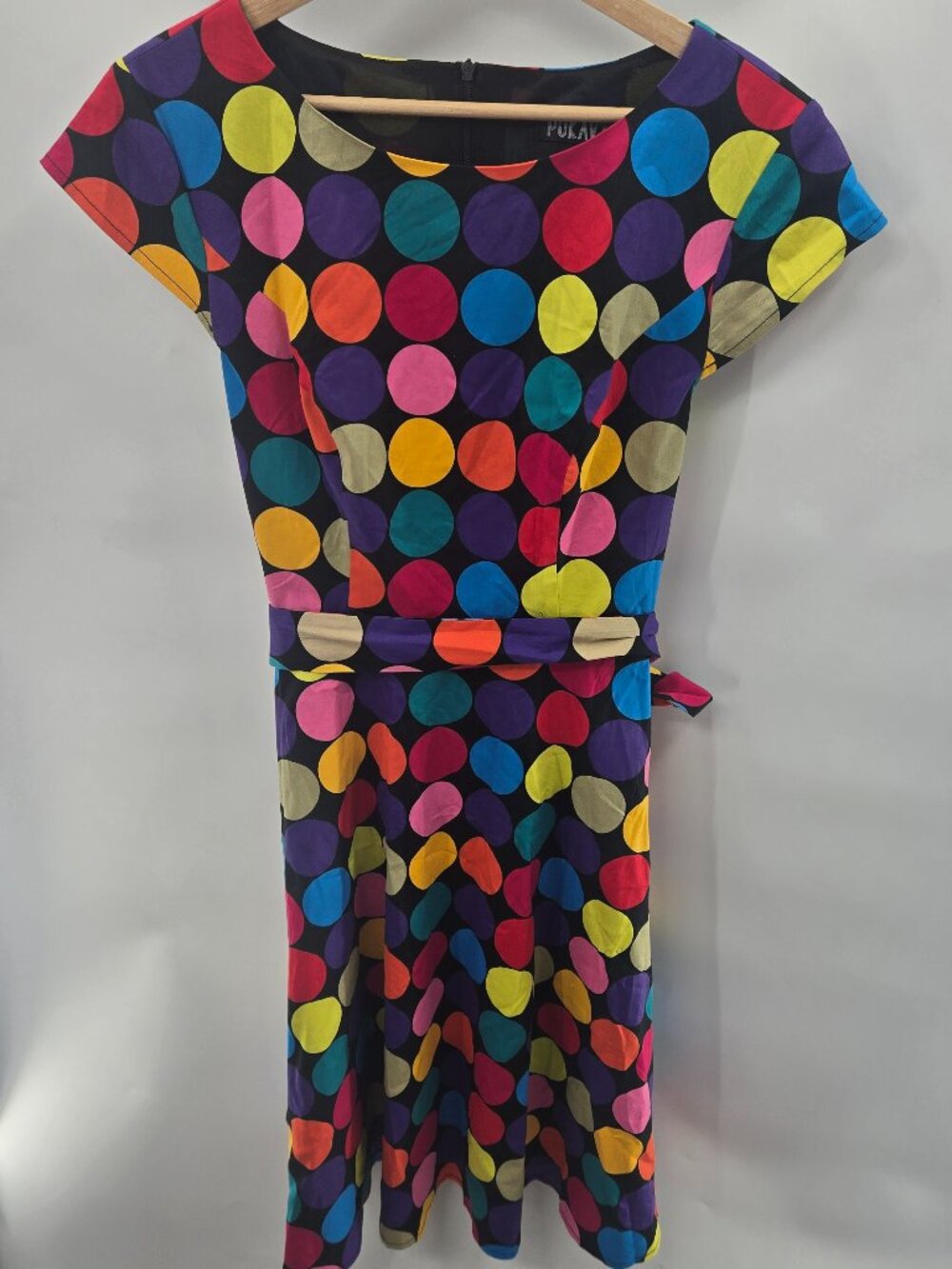 Pukavt Black Multicolored Colorful Polka Dot Rockabilly Midi Dress Size Medium